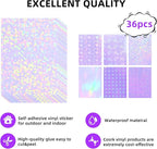 36 Sheets Holographic Sticker Paper, Clear Vinyl Sticker Laminate Film Self-Adhesive, Transparent Overlay Lamination Sticker Paper Waterproof, 6 Patterns-8.5x11 Inch