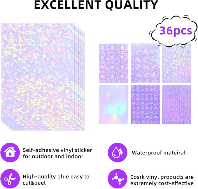 36 Sheets Holographic Sticker Paper, Clear Vinyl Sticker Laminate Film Self-Adhesive, Transparent Overlay Lamination Sticker Paper Waterproof, 6 Patterns-8.5x11 Inch