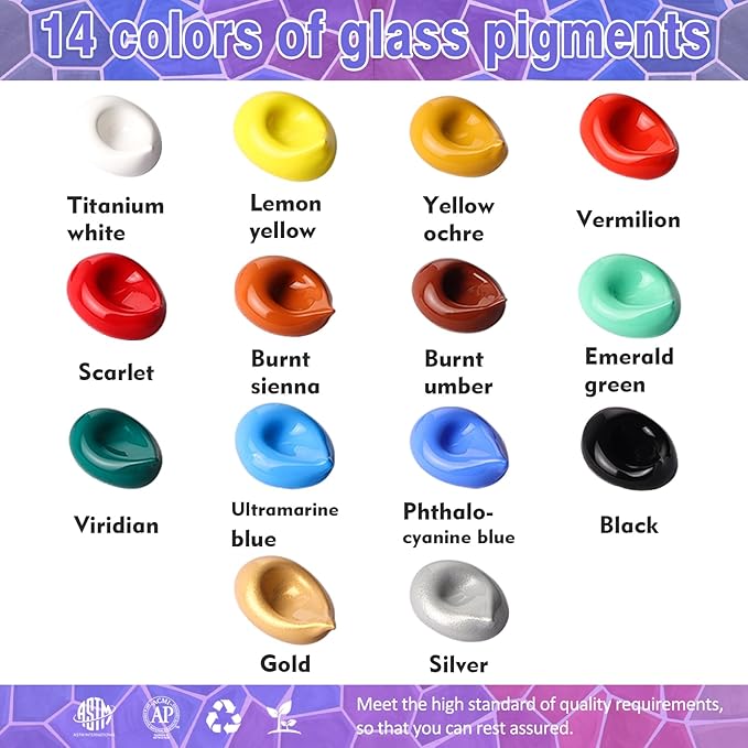 Colorful Stain Glass Paint Set with 6 Brushes, 1 Palette & 1 Sponge, 14 Colors Waterproof Permanent Glass Painting Kit for Arts on Wine Glasses,Bottle and Windows