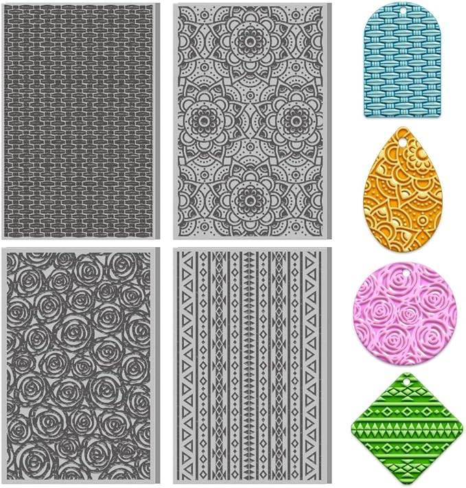 4PCS Polymer Clay Texture Sheets Set for Using with Clay Cutters, Boho Clay Texture Mats, Pottery Jewelry Making Kit DIY Creative Crafts Tools