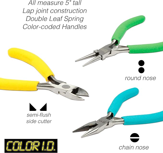 The Beadsmith Color-ID Pliers – Color Coded Set – 5 Inches, 3 Piece Kit: Chain Nose, Round Nose, & Side Cutter – Tools for Jewelry Making