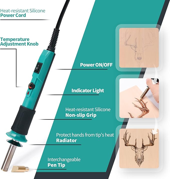 YIHUA 930-IV Pyrography Wood Burning Pen Kit Adjustable Temperature, Power Switch, Heat Deflector, Rubber Grip with 10 Pyrography Tips, 2 Wood Pieces, Flip-Up Pen Stand, for Woodburning DIY Crafts