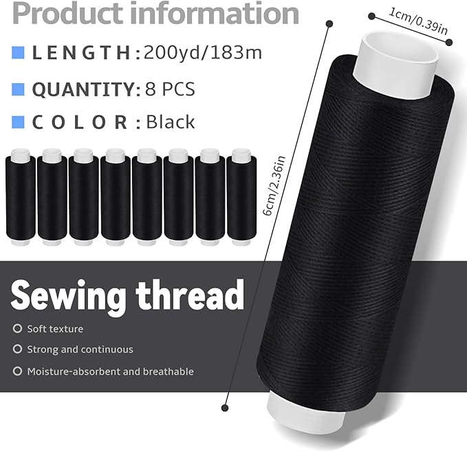 Bupete 8 Rolls Black Thread for Sewing, 200 Yards Each Roll Sewing Thread, Polyester Threads for Sewing Machine Embroidery Hand Stitching