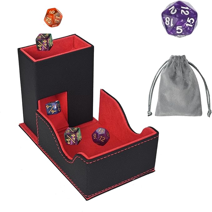 Dice Tower and Tray, Portable Commander Deck Box, Foldable Dice Storage Box for Dungeons and Dragons Rolling Tray Black/Red