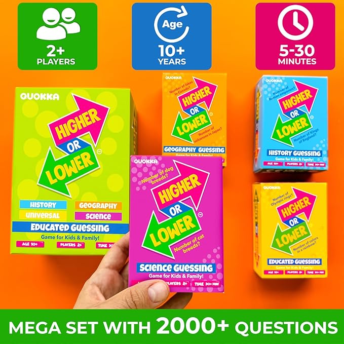 QUOKKA Trivia Board Games for Kids and Adults V2.0 - Family Night Board Game Cards 4xSet to Guess Fun Questions | Easy to Learn | 2 + Players - Challenge History, Science, Geography & More