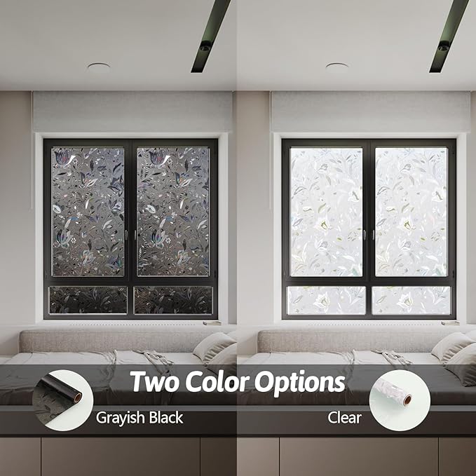 NINETREX Window Privacy Film,Decorative Window Film Frosted,Stained Glass Window Cling,Heat Blocker Non-Adhesive for Home,Grayish Black 17.5 x 78.7inch