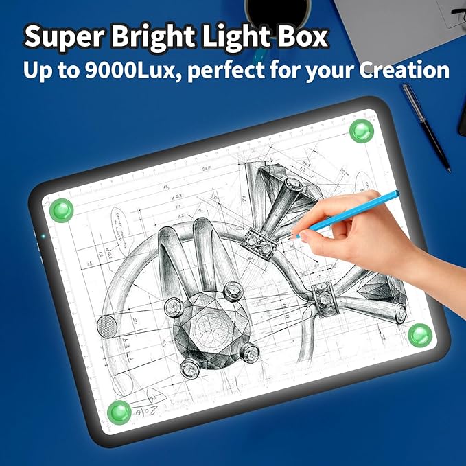Zocelight Rechargeable A4 Tracing Light Box with Padded Case,Ultra Bright Led Light Pad with Physical Button,Wireless Light Board for Diamond Painting,Dimmable 9000LUX Lightbox for Tracing and Drawing