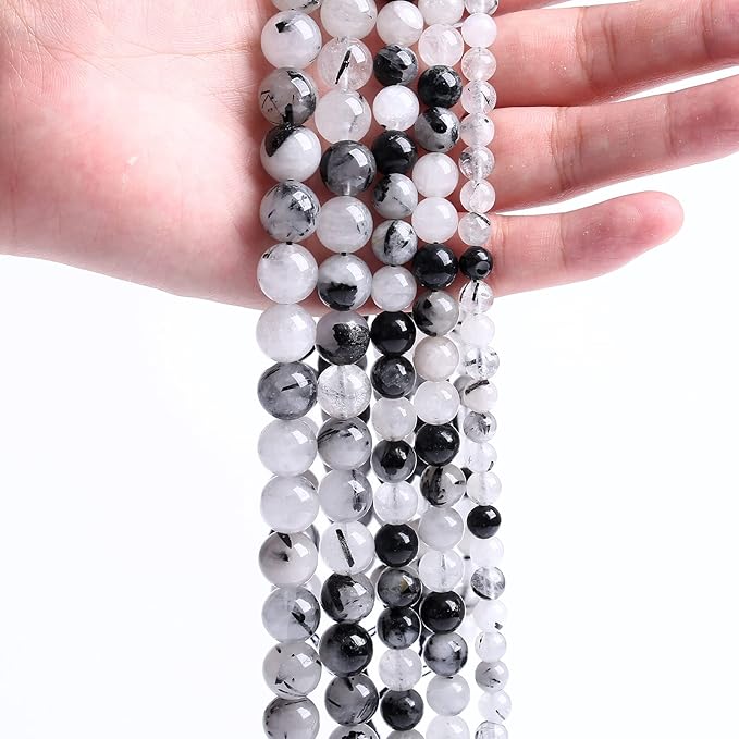 AAA Natural Black Quartz Rutilated Beads Round Loose Beads for Jewelry Making DIY Bracelet 38pcs 10mm Crystal Energy Healing Power Stone (Black Rutilated Quartz Crystal, 10mm)