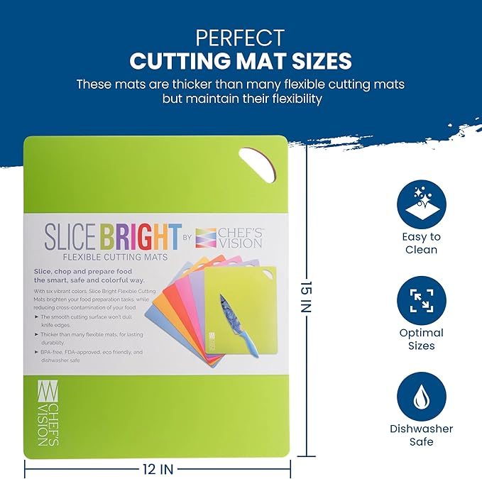 Chef's Vision Flexible Cutting Mats - Set of 6 Non-Slip, Color-Coded Kitchen Mats - 15' x 12' Flexible Cutting Boards for Safe, Easy Food Preparation