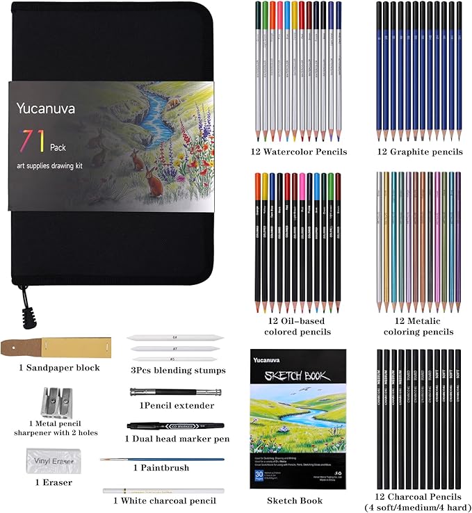 71Pack Drawing Supplies Sketching Kit,Art Supplies for Adults Artists Beginners,Drawing Kit Sketching Pencils with Sketchbook, Colored Watercolor Metallic Graphite Charcoal Pencils