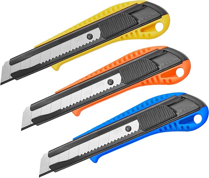 DOWELL Box Cutter Utility Knife Retractable Snap Off Blades Hobby Knife 3 Pack for Cutting Cardboard Boxes Leather (3 Colors)
