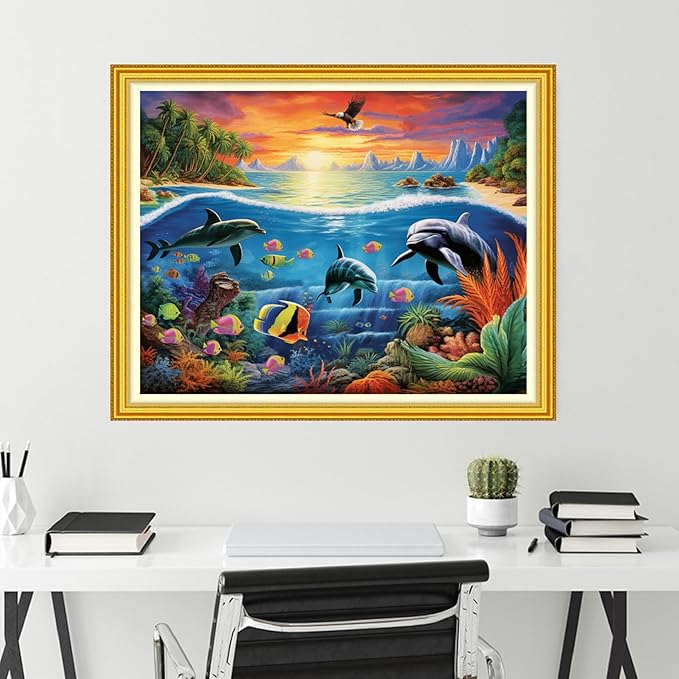 Funchey Stamped Cross Stitch Kits, DIY Cross Stitch Pattern for Adults Beginners Needlepoint Kits Embroidery Kit Arts and Crafts 11CT-Underwater World 16x20 inch