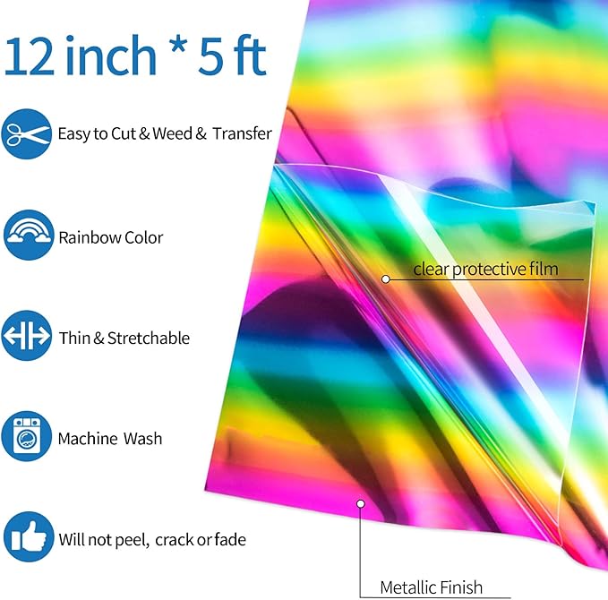 VINYL FROG Metallic Foil HTV Vinyl Roll 12" x5ft Rainbow Heat Transfer Vinyl Holographic Chrome Iron on Vinyl Easy to Cut & Weed DIY Heat Press Design for T-Shirts
