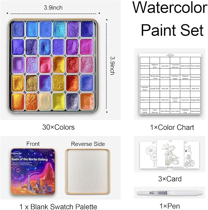 Mini Shifting Watercolor Paint Set, 30 Color Glitter Watercolor Painting Kit, Metallic Watercolor Paints, Solid Water Colors Paint Adult Set, Detail Paint Brush Included, for Artists