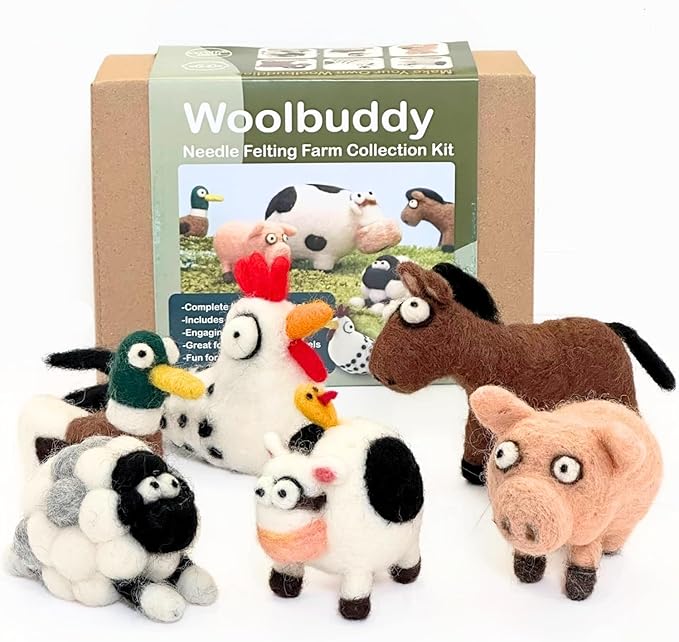 Woolbuddy Needle Felting Kit - Farm Animals for Beginners & Adults, Includes Mini Felting Pad, Soft Wool, 4 Needles, and Clear English Instructions
