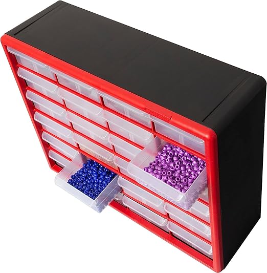 Akro-Mils 24-Drawer Plastic Drawer Storage Cabinet for Garage Organization, Bead Organizer, Building Bricks Storage, Teacher Toolbox, Makeup Organizer, 20-Inch W x 6-Inch D x 16-Inch H, 10124 Red