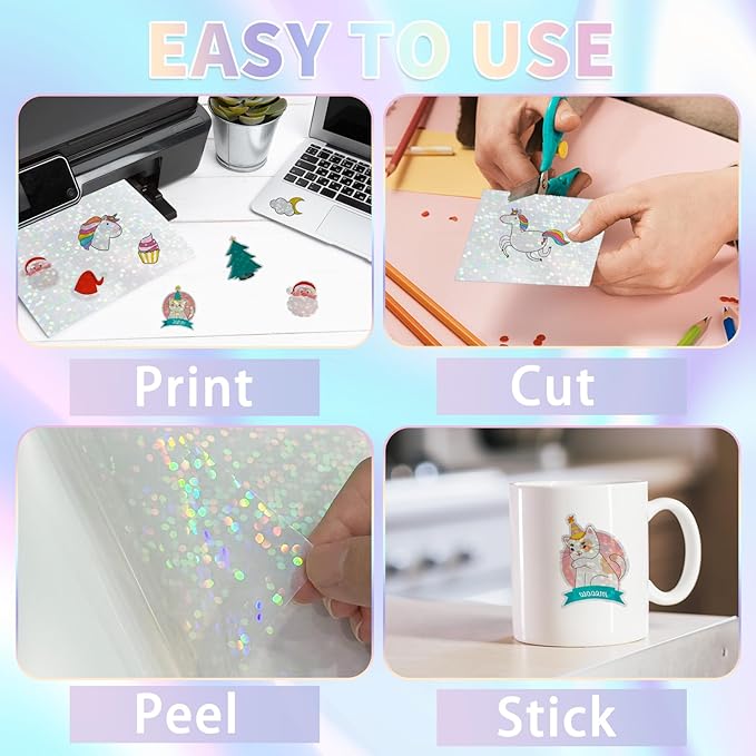 20 Sheets Holographic Sticker Paper,8.5x11 Inch Clear Printable Vinyl Sticker Papers,Self-Adhesive Waterproof for Inkjet/Laser Printer（Clear Dots）