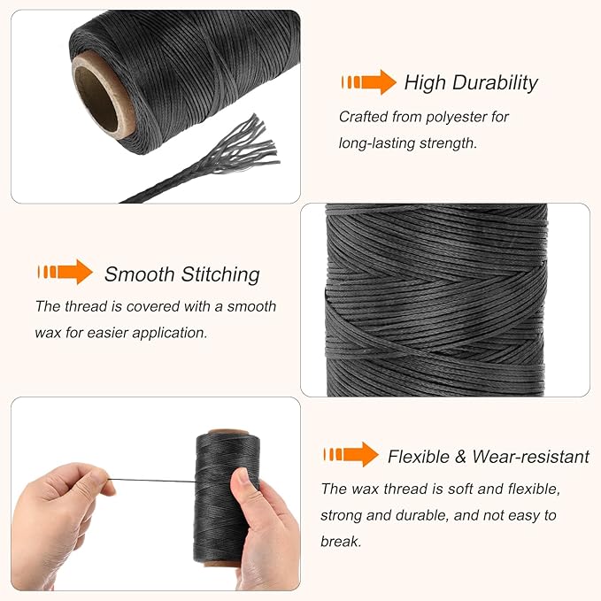 MECCANIXITY Waxed Thread,197 Yard 1mm 210D Flat Wax Thread Polyester Waxed String for Leather Sewing Hand Weaving Book Binding Home Decoration,Black