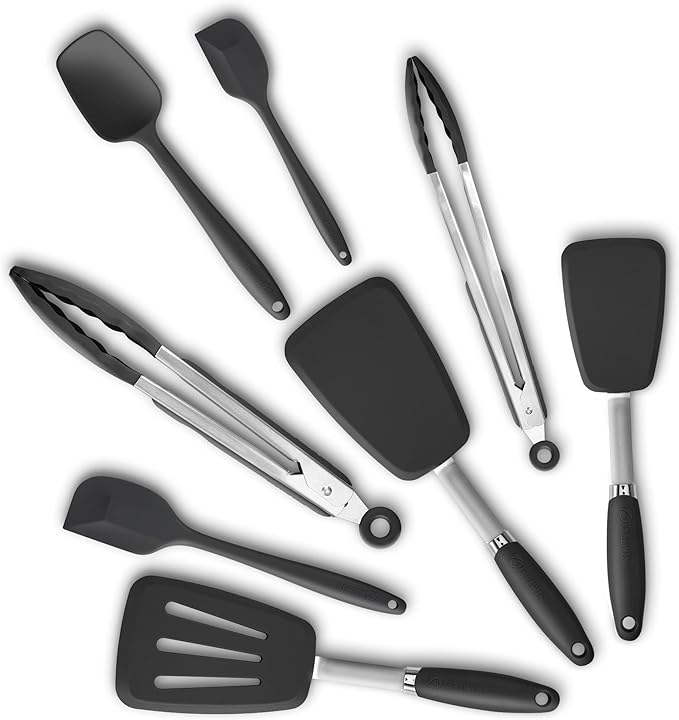 Silicone Spatulas Set Turners Tongs Cooking Utensils Set High Heat Resistant Kitchen Scraper Spatulas for Cooking Mixing Baking BPA Free Dishwasher Safe, Black