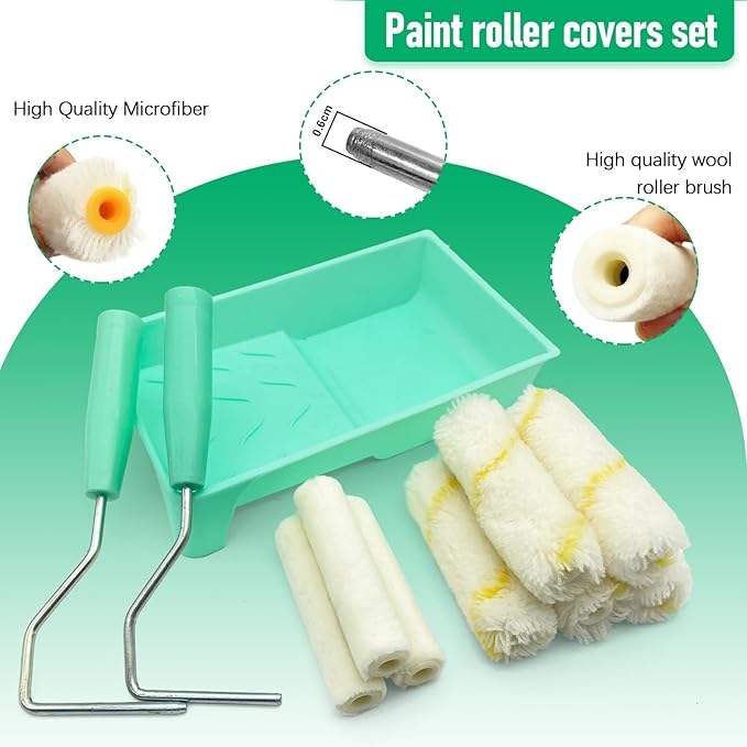 11 Pack Paint Roller Kit, 4 Inch Microfiber Paint Roller Covers, Mini Wool Blend Paint Rollers with Tray, Small Roller Brush Kit for Painting Walls, Doors, Cabinets