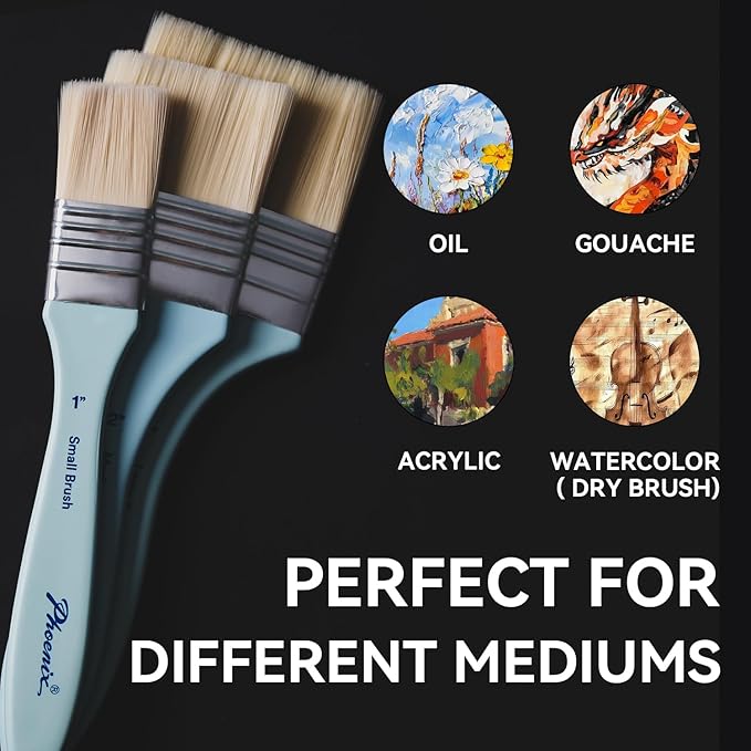 PHOENIX Flat Paint Brush Set - 3 Sizes Nylon Large Paint Brushes for Acrylic Painting, Gouache, Wood Furniture, Gesso, Varnishes & Wall