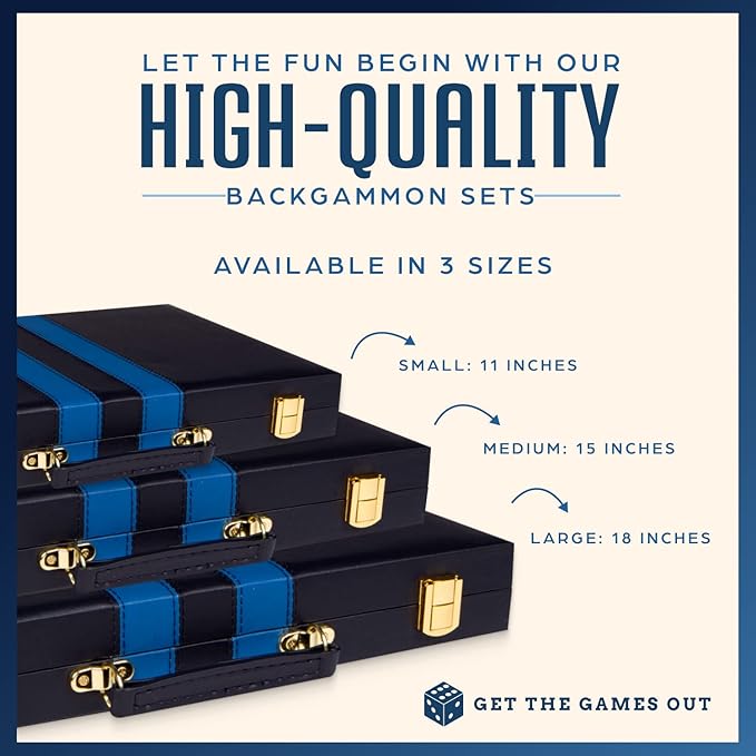 Get The Games Out Top Backgammon Set - Classic Board Game Case - Best Strategy & Tip Guide - Available in Small, Medium and Large Sizes (Blue, Large)