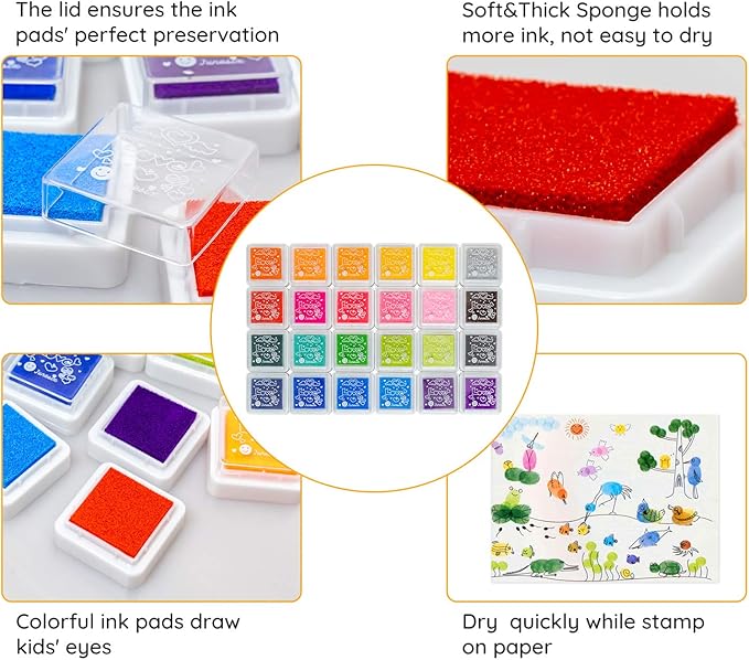 Ink Pad, 24 Colors Finger Washable Craft Ink Pad for Kids Stamp, 1.18X1.18''