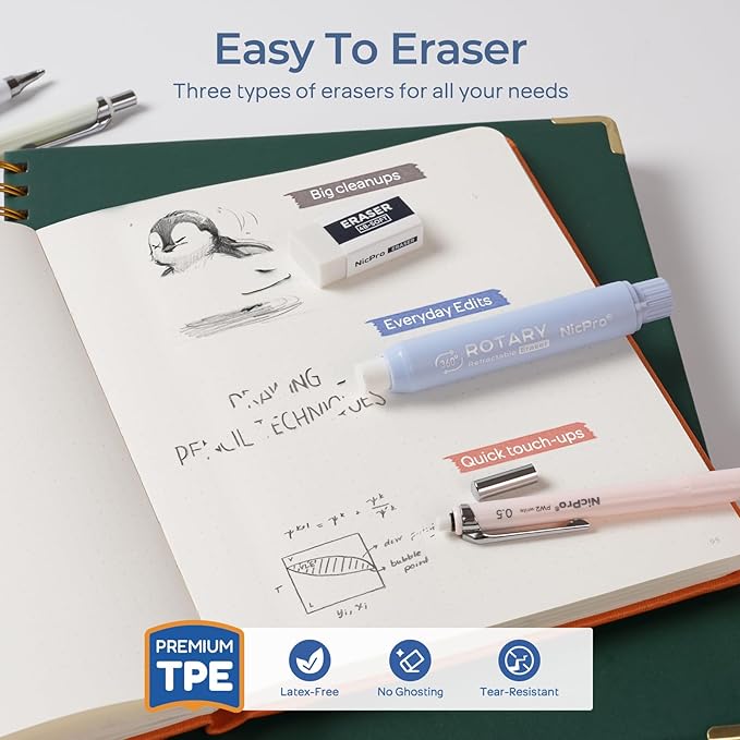 Nicpro Cute Mechanical Pencil Set, 4PCS 0.5mm Pastel Drafting Pencils with 4 Tube HB Lead Refills, 4B Erasers, Rotary Retractable Eraser and Eraser Refill for Writing Sketching Back to School Supplies
