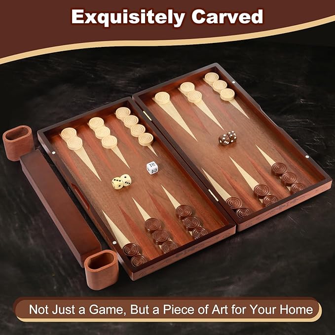 Handcrafted Wooden Backgammon Set - 16x15.3inch, Oversized Pieces, Intricate Carvings, Premium Travel Game Board for Adults & Kids (Star)