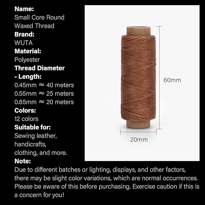 WUTA Leather Waxed Thread Round Polyester Sewing Threads with 12 Pcs Needles and Storage Bag Leather Craft Hand Stitching Line DIY Bracelet Thread Repair Work Cord (0.55mm