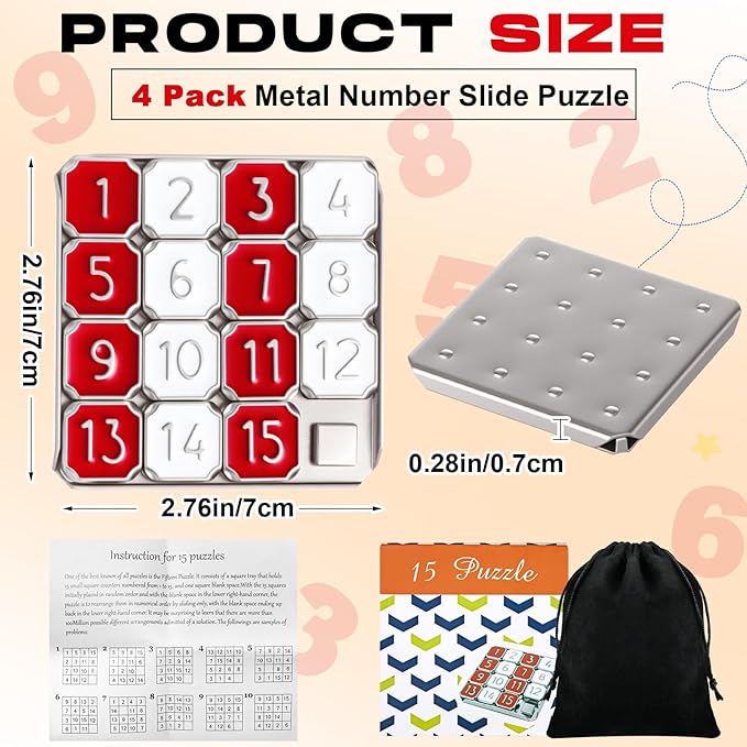 Metal Number Slide 15 Puzzle Red and White Number Sliding Puzzle Educational Pocket Funny IQ Game for Teens and Adults, Ideal for Learning Tool Party Favors(Red and White,1 Pack)