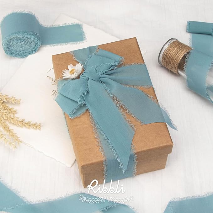 Ribbli Deep Sea Blue Chiffon Ribbon 1-1/2 inch x 20 Yard Handmade Fringe Chiffon Silk Ribbon,Blue Ribbon for Wedding Invitations, Bridal Bouquets Wrapping, Flower Arrangement Decoration