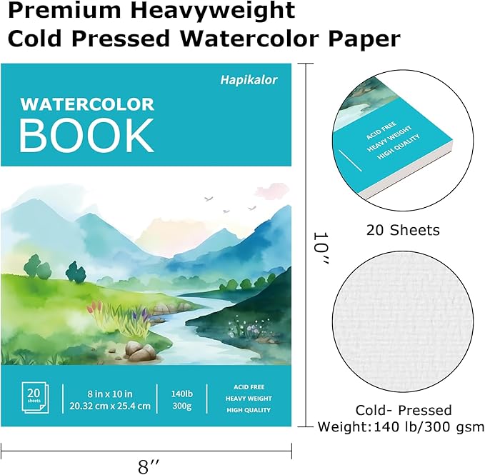 Hapikalor 8"x10" Watercolor Paper Pad, 1-Pack, 140lb/300gsm Artist Painting Drawing Paper Book, Art Supplies for Adults Kids, Watercolors, Watercolor Paint Set, Sketchbook, Journal, Teal