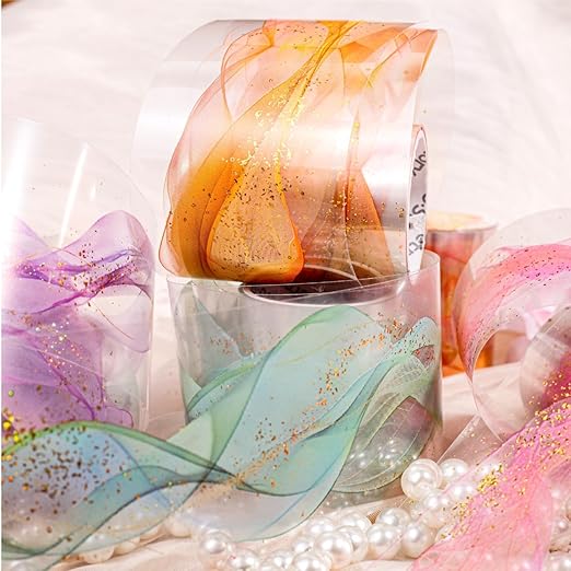 6 Rolls Transparent PET Tape Set,Self-Adhesive Colourful Washi Tape for Scrapbook Supplies Notebook Photo Album Junk Journal Diary Journaling(Flowing Gold)