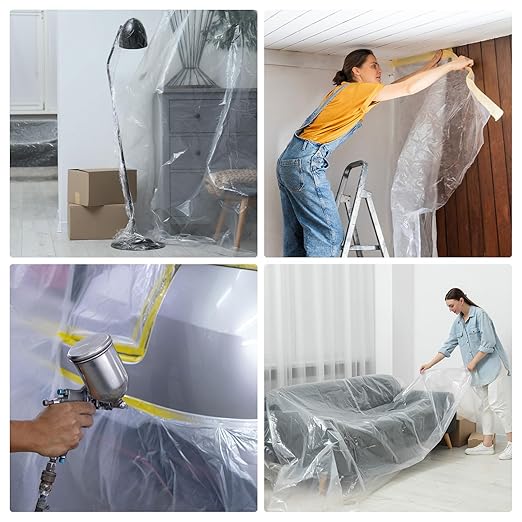 HARFINGTON Pre-Taped Masking Film 157.5" x65.6ft Double Adhesive Tape and Drape Painters Plastic Drop Cloth Film with Tape Plastic Sheeting for Automotive Painting Covering
