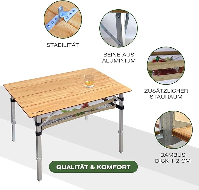 Bamboo Folding Camping Table 4 Folds with Adjustable Aluminum Legs Portable Picnic Table with Storage and Carry Bag for Outdoor Hiking Beach 2-4 Person