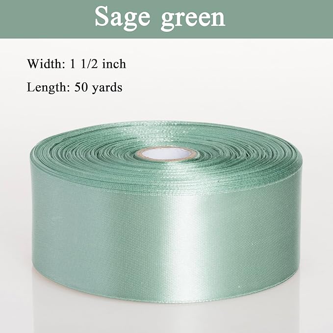 1 1/2 Inch Sage Green Solid Satin Ribbon, 50 Yards Craft Fabric Ribbon for Gift Wrapping Floral Bouquets Wedding Party Decoration