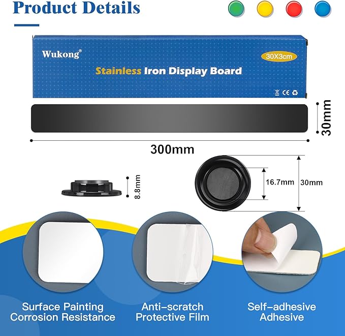 Wukong 4 Pack | 30x3cm(11.81 x 1.18) Magnetic Stainless Black Boards Strips, Adhesive Backing Bulletin Bar Board, Memo Board with 16Pcs Colorful Magnets for Office, Home, Photo Wall, Documents