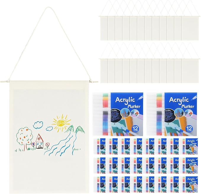Mindsoft 48 Pcs Blank Canvas Banner Bulk Color Your Own Vertical Banner with Hanger with 12 Colorful Fabric Markers Pens Wall Display Banners for DIY 24 Students Paint Art Classroom School Camp Party