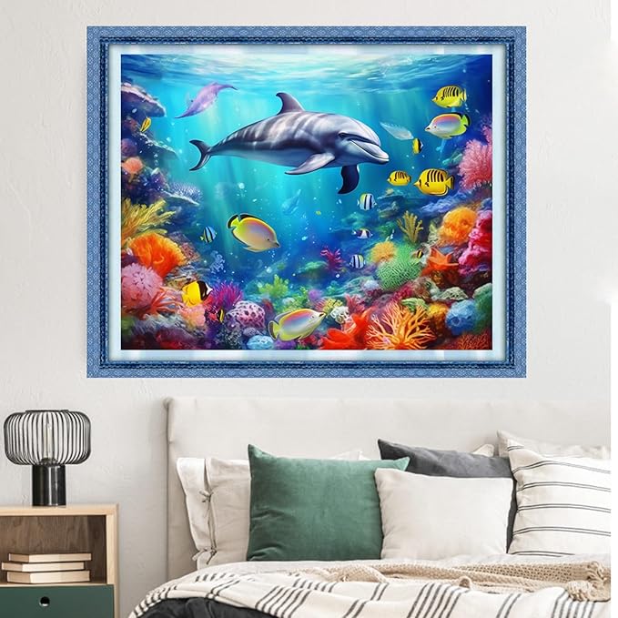 Dimxvean Stamped Cross Stitch Kits,Cross Stitch Kits for Adults Beginners,Embroidery Kits Full Range of Cross Stitch Stamped Kits Needlepoint Kits Cross Stitch Patterns-Underwater World 16x20 inch