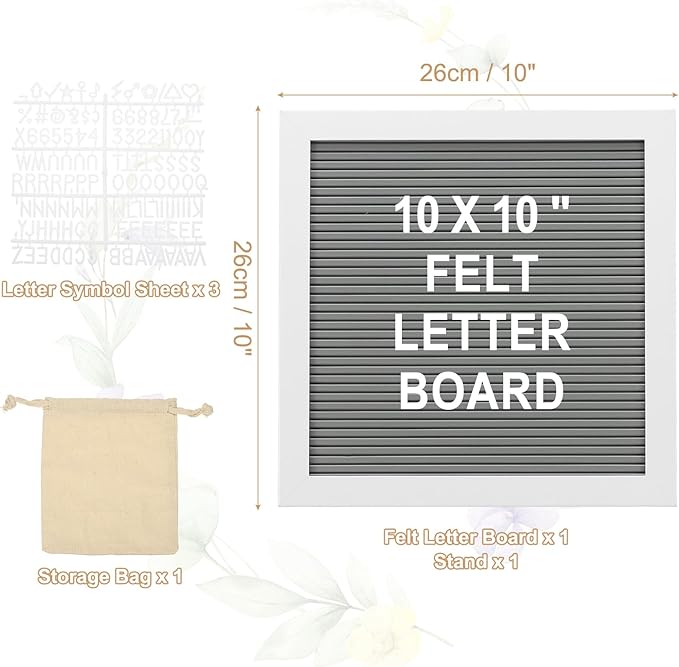 PATIKIL Felt Letter Board, 10x10Inches Gray White Wooden Changeable Message Board with Storage Bag Stand for Kitchen Menu Classroom Farmhouse Decor Notes, White Letter
