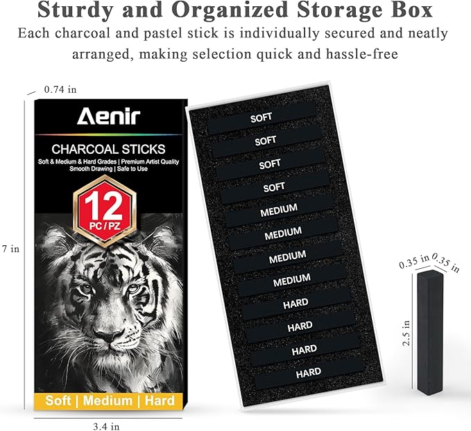 Compressed Charcoal Sticks Set of 12 – Soft, Medium, Hard Charcoal for Drawing, Sketching & Shading – Art Supplies for Artists, Beginners & Adults