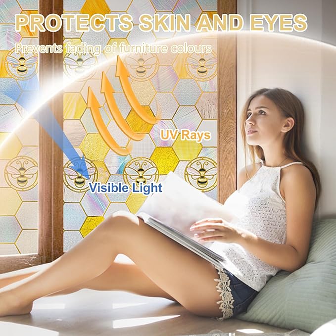 3D Stained Glass Window Privacy Film, Heat Control UV Blocking Static Cling Decorative Window Film for Bathroom,Front Door,Home Non Adhesive,16.9 x 78.7 inches Honey