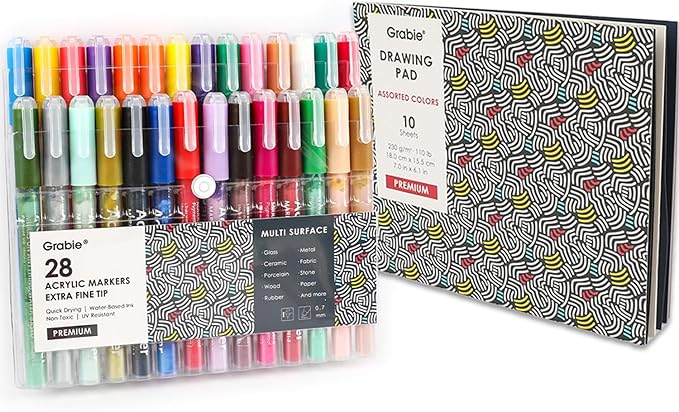 Grabie Acrylic Paint Pens Markers, 28 Colors, 0.7 mm, Extra Fine Tip Drawing Markers, Premium Paint Pens for Painting on Various Surface, Art Supplies, Set of 28