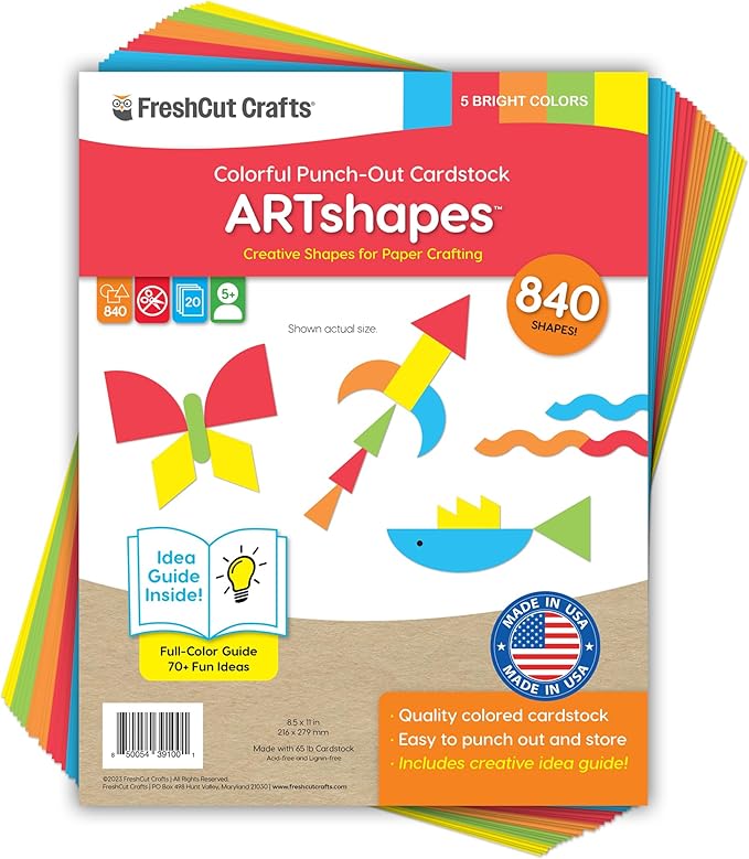 ARTshapes 840 pc Creative Paper Shapes Pack with 70+ Idea Guide - US Made Card Stock - Punch Out Funky DIY Craft Supplies for Whimsical Art Designs, Paper Crafts, and Pattern Play 5 Bright Colors