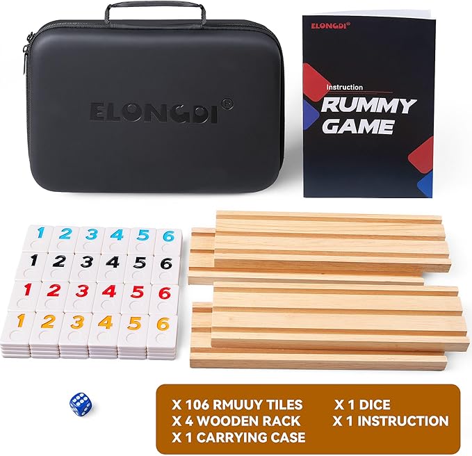 Rummy Cube Game Set with 4 Wooden Racks,106 Rummy Tiles and Portable Case,Classic Travel Board Games for Family Adults and Kids