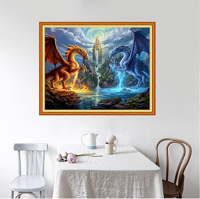 Foxhool Beginners Cross Stitch Kits Stamped Full Range of Embroidery Kits for Adults DIY Cross Stitches kit Embroidery Patterns for Needlepoint kit-Water Fire Dragon 16x20 inch