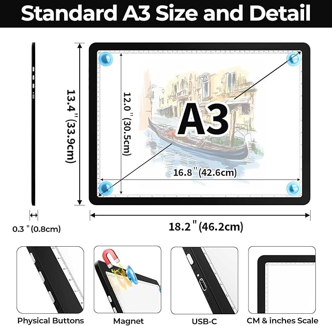 Heanolier A3 Artist tracing Light Box Copy Table,(18.2" L x 13.4" W) Super Bright Magnetic Light Pad with Side Buttons,USB-C Power Dimmerable Light Board for Diamond Painting,Tattoo Drawing,Sketching