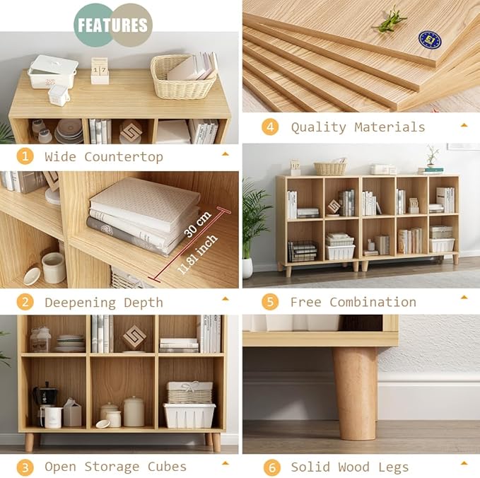 IOTXY Freestanding Open Cubes Bookcase - 2-Tier Floor Standing Wooden Storage Display Cabinet Organizer with Legs for Home Office, 6-Cubes Open Shelf Low Short Bookshelf, Oak