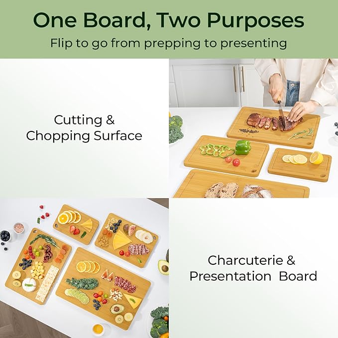 4-Pcs Natural Wood Cutting Board Set Kitchen Tools with Juice Groove, Wooden Chopping Board for Meat, Fruit, Vegetables & Cheese (Pre Oiled, Natural)
